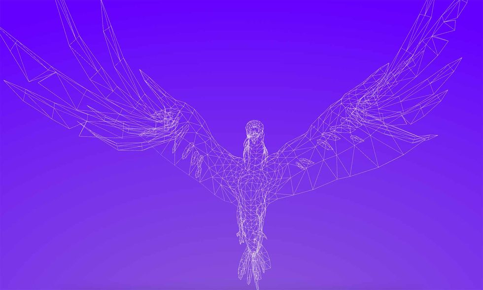 A wireframe model of a falcon flies across a purple sky.
