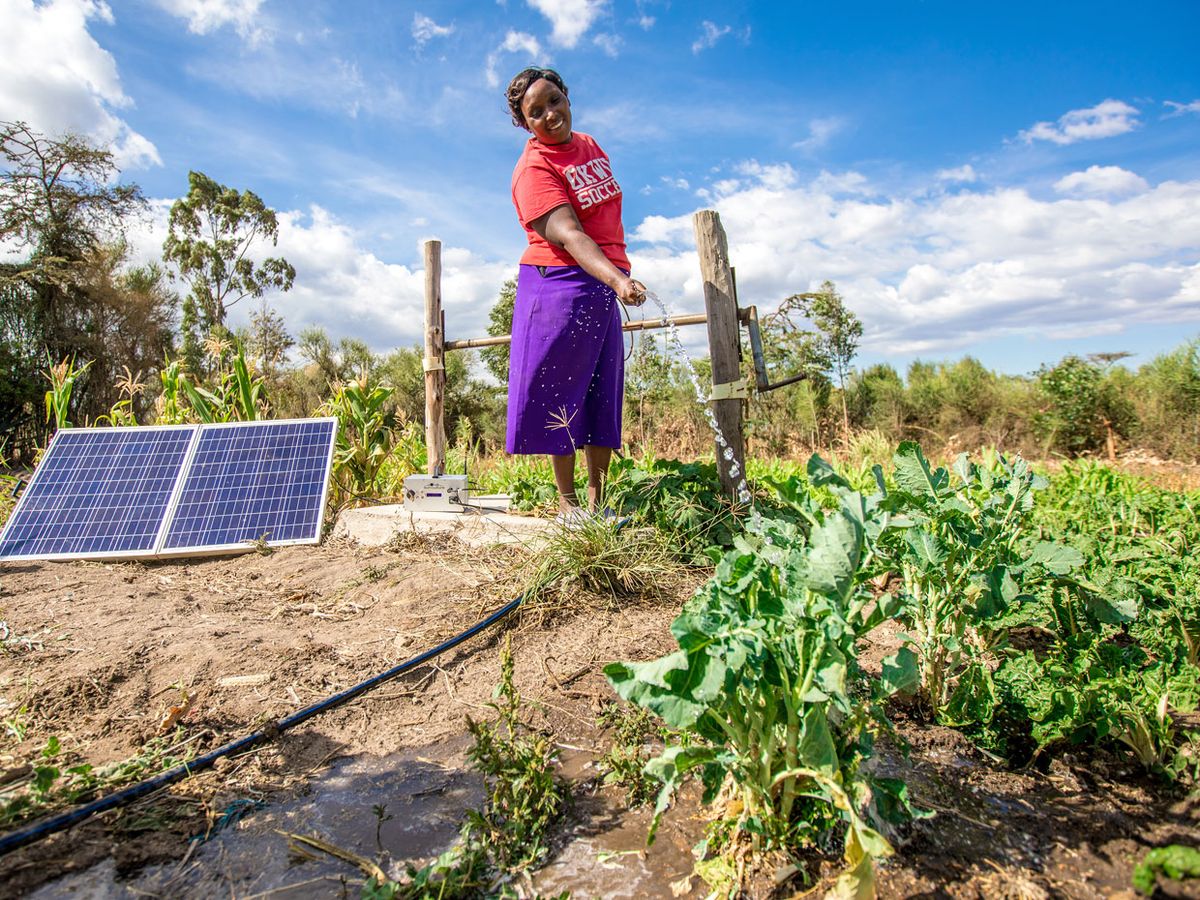 A woman watering plants next to a solar panel.