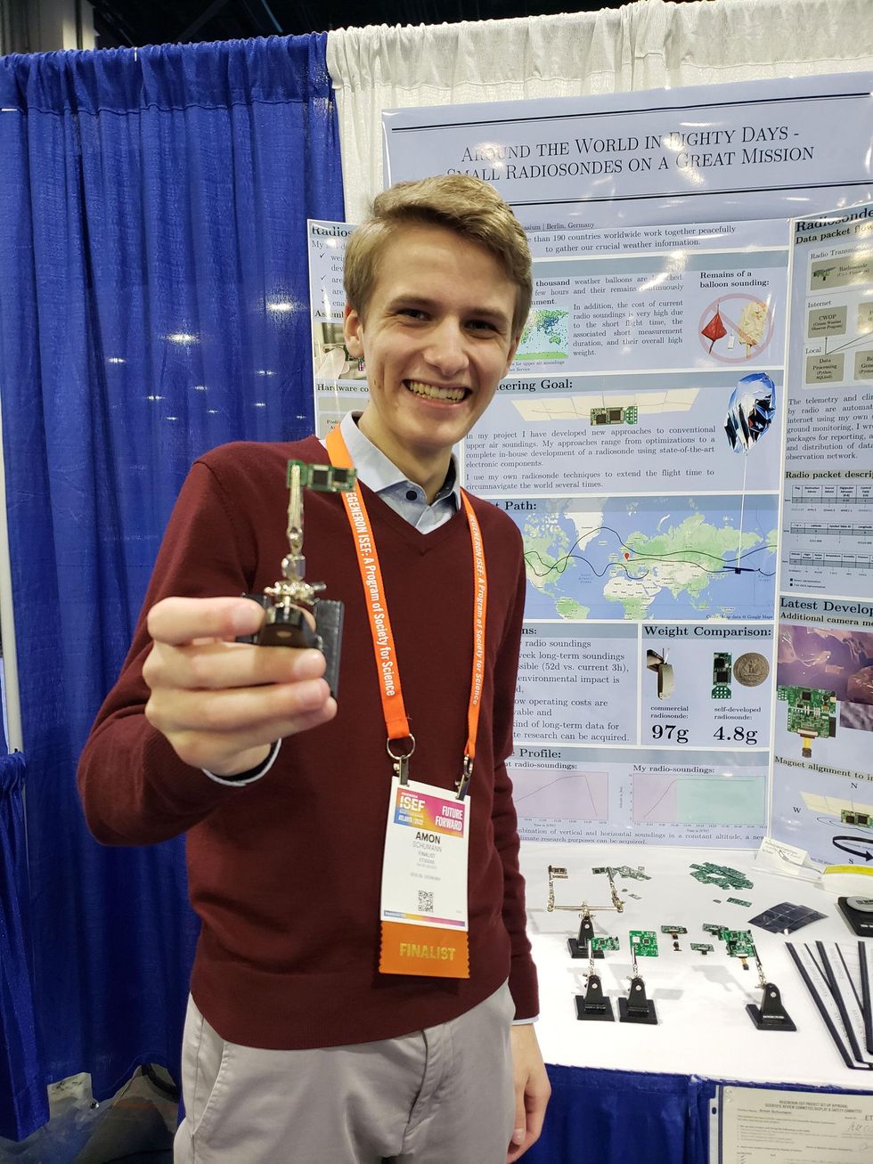 A young man holding a device called a radiosonde
