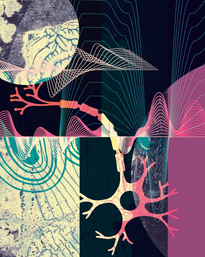 Abstract collage with neuron, brain textures, and dynamic wave patterns in pastel colors.