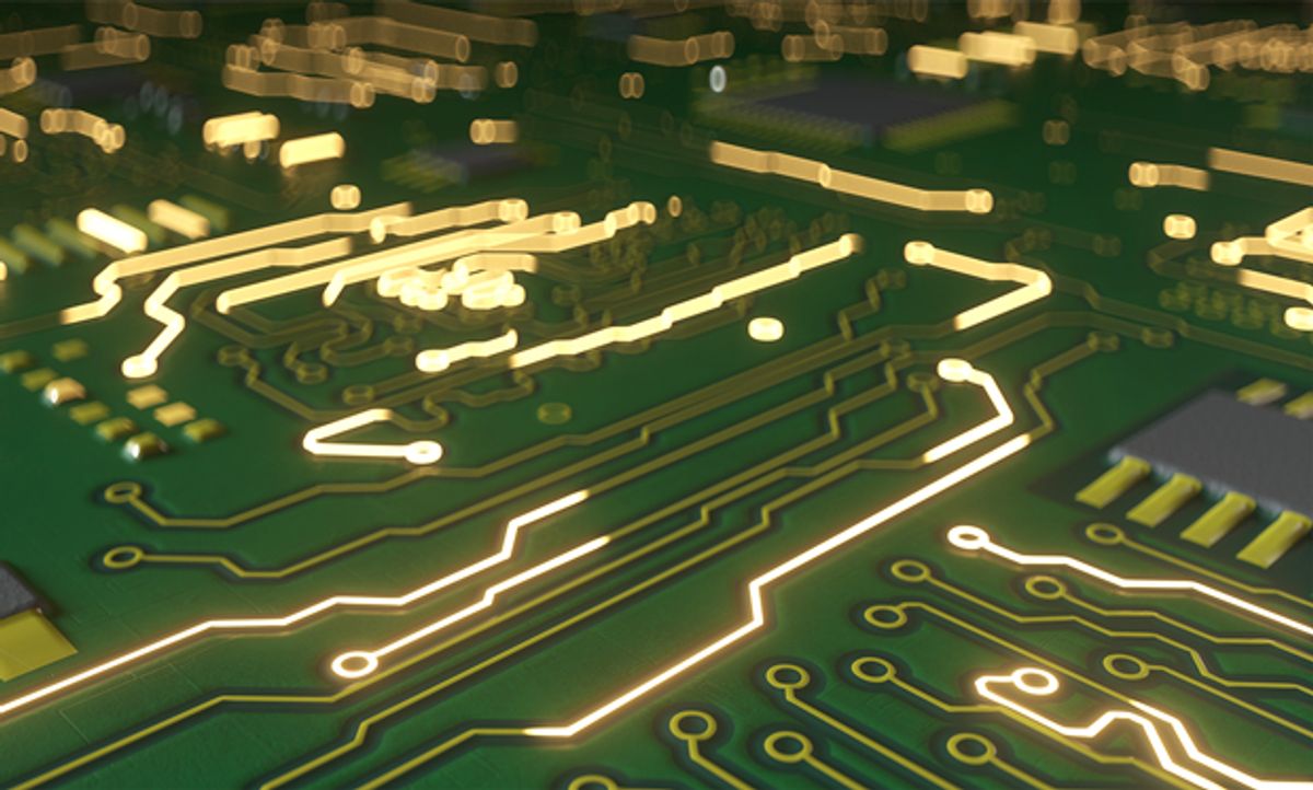 Abstract illustration of a circuit board with electricity flowing