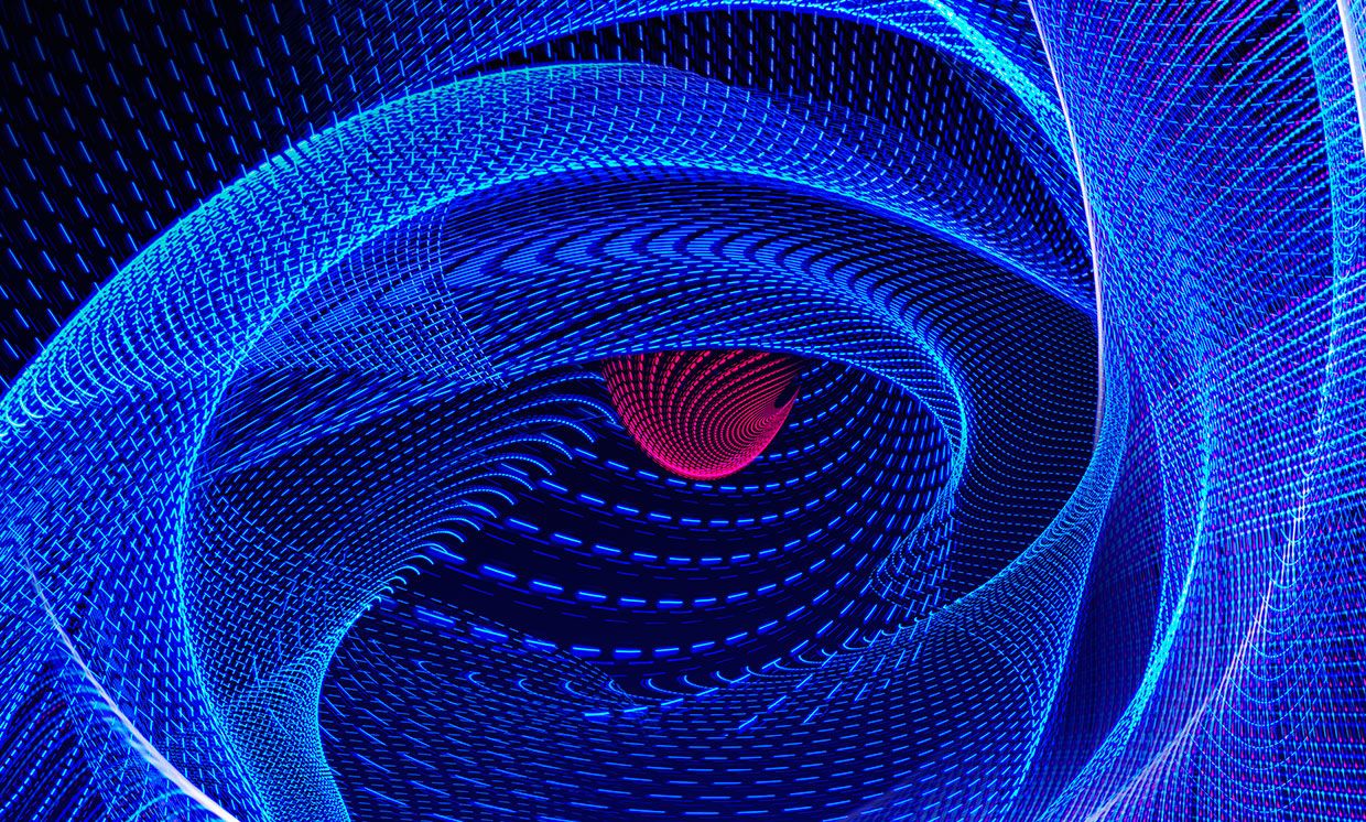 Abstract illustration of blue lines with a red eye