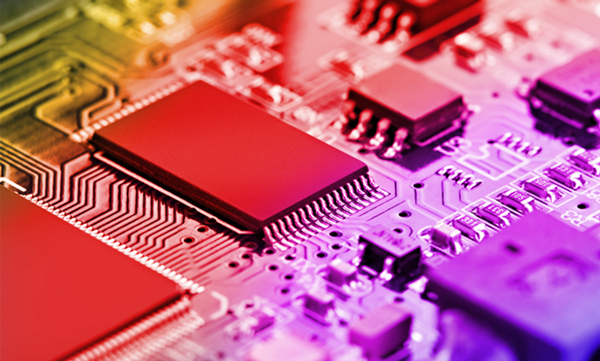 Abstract illustration of brightly colored parts of a microchip