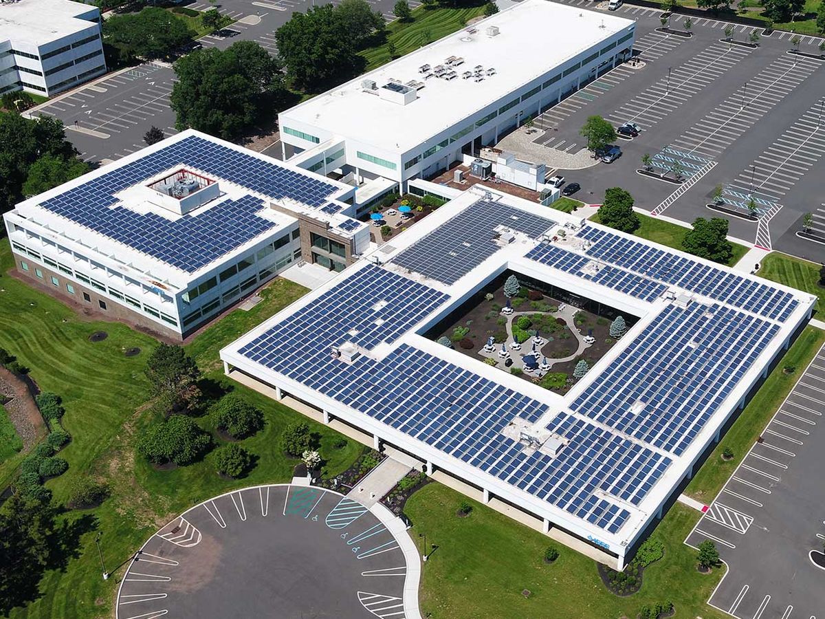 Aerial drone photograph of the roof of IEEE's Operations Center in Piscataway, N.J.