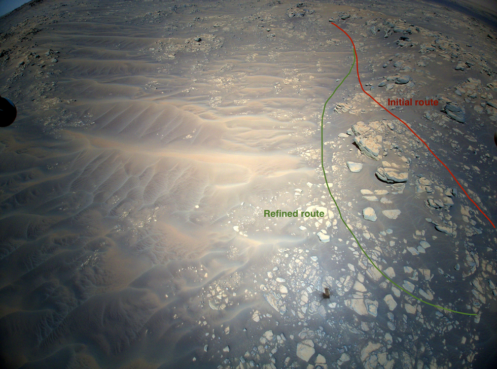 Aerial image of a hill on Mars showing a red line labeled 