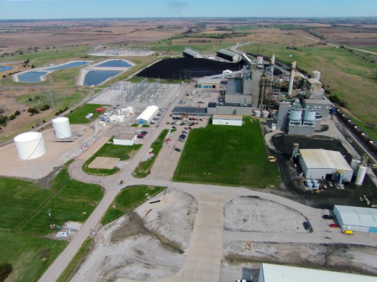 Aerial photo of the Sheldon power plant showing the generating station and its coal yard with rural Nebraska fields extending in the distance.