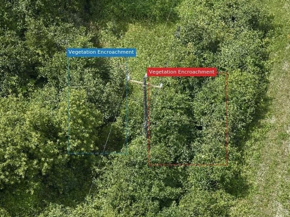 Aerial view of power lines surrounded by green vegetation. Two boxes on the left and right are labelled \u201cVegetation Encroachment\u201d.