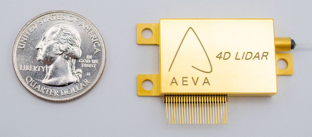 Aeva 4D LIDAR chip next to a quarter for scale