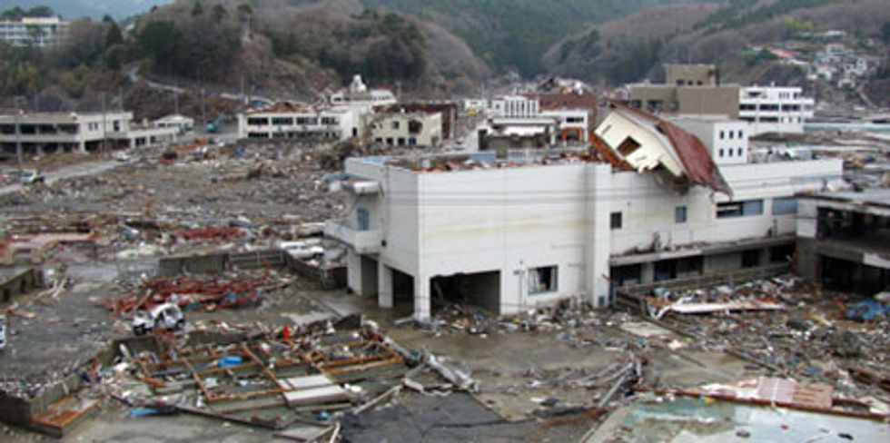 After the tsunami, NTT\u2019s central office building in Onagawa had the remains of a house on its roof. 