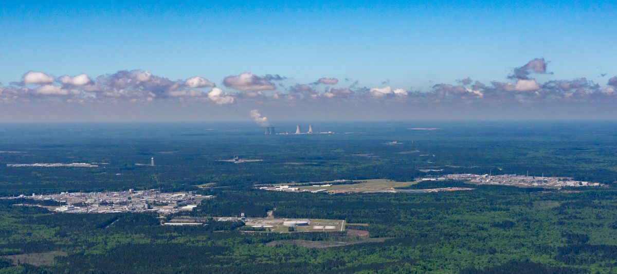 Aiken's Nuclear Neighborhood: The cancelled MOX plant (right), DOE's Savannah River Site (left) and Southern Company's troubled Vogtle nuclear power plant expansion (rear) all sit close by near Aiken, South Carolina.