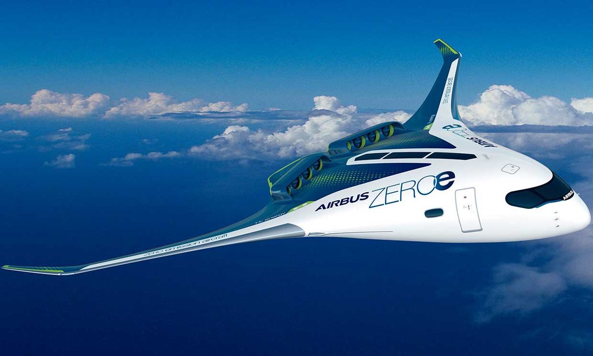Airbus ZEROe blended-body-wing hydrogen aircraft, in an artist's concept.