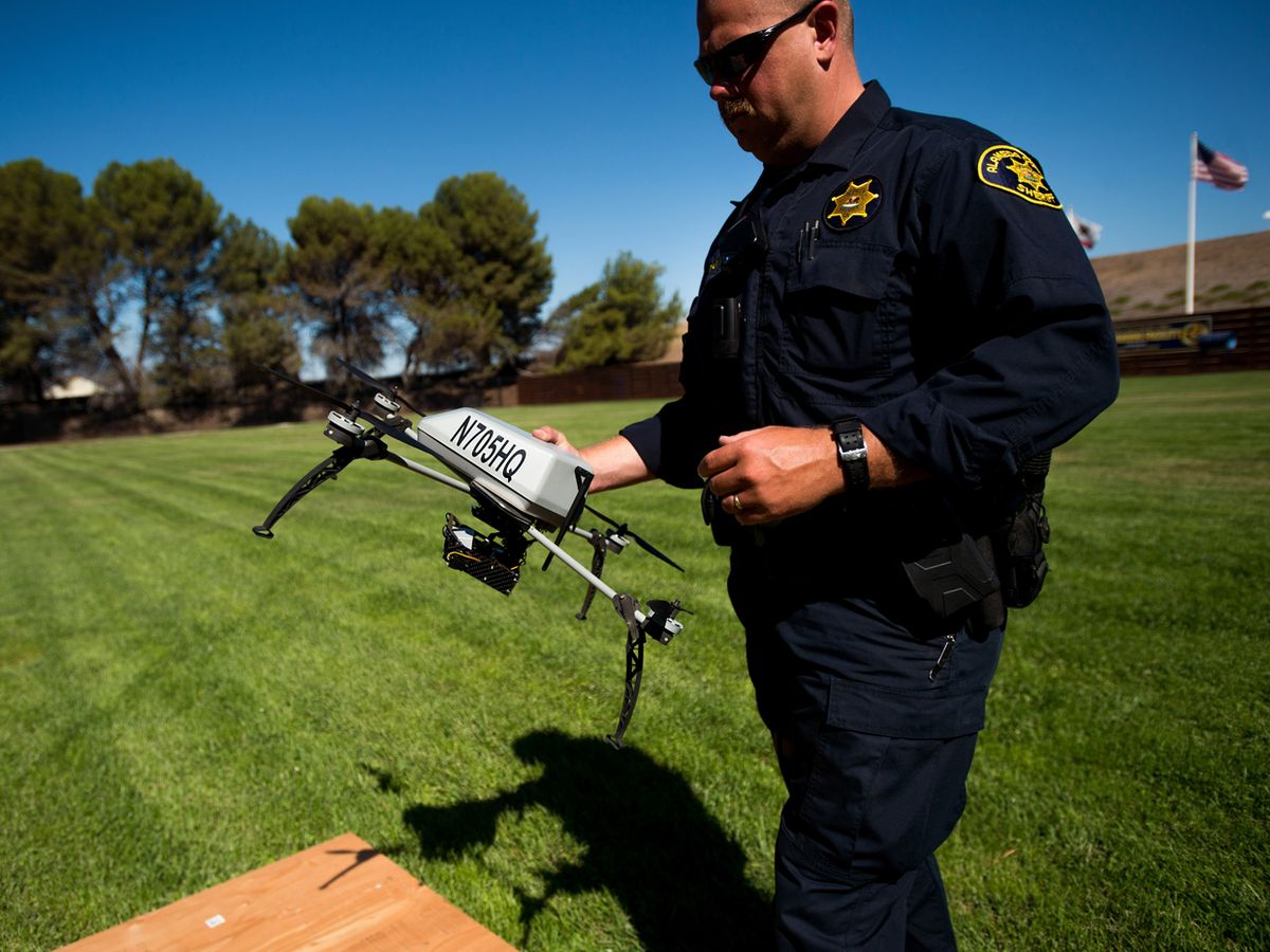 Alameda County Sheriff's Deputy Dave Durbin prepares to fly a drone during a search and rescue demonstration