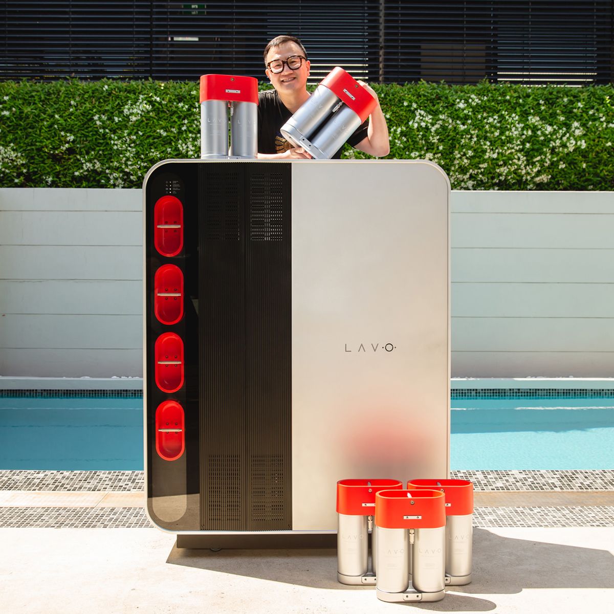Alan Yu, CEO of Lavo, with his company's "hydrogen battery" technology. The residential unit, shown here, can store up to 40 kilowatt-hours of energy.