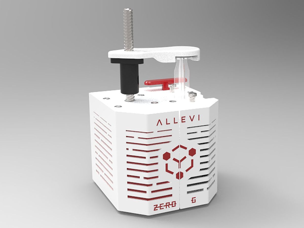 Allevi's ZeroG extruder is shown here as a white box with a red handle and red lettering.