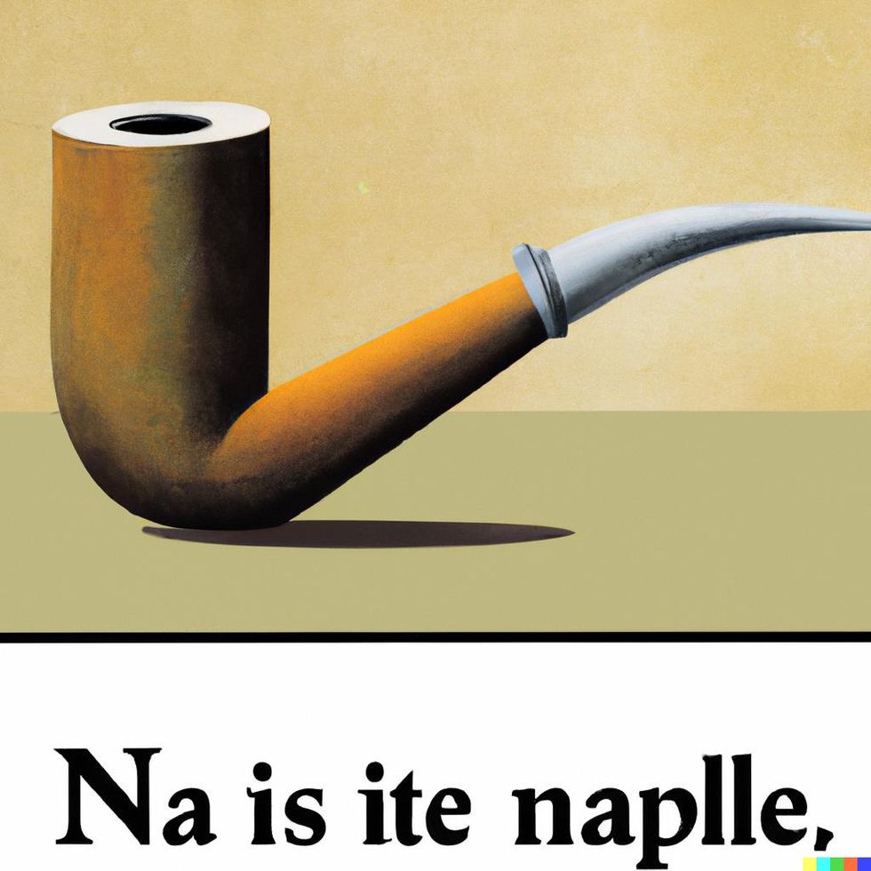 Alt text: An image in the style of a painting shows a pipe with the nonsense words u201cNa is ite naplleu201d below it.  