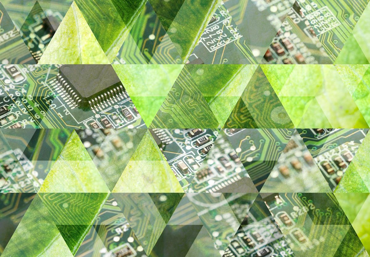 An abstract triangle mosaic background made of circuit board and leaf stock photos
