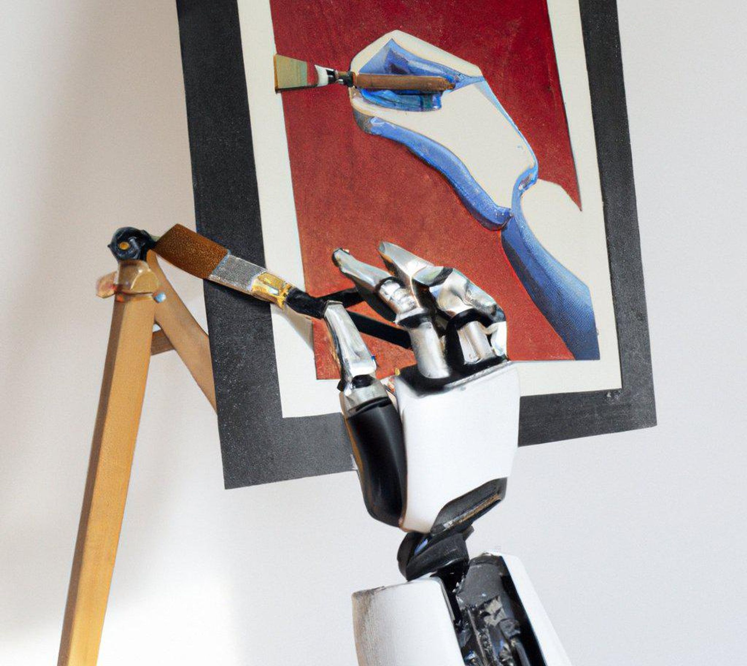 An AI-generated image of a realistic robot hand painting an artistic robot hand