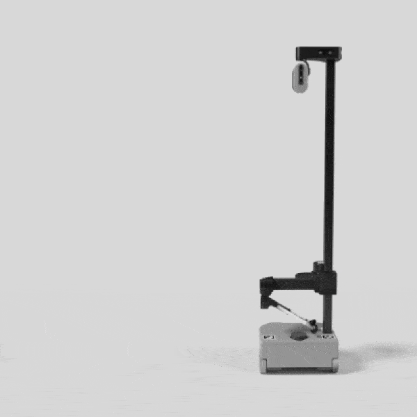An animated gif of a robot with a mobile base, a long unmoving vertical piece, with a small camera on top, and a horizontal arm that moves up and down, as well as extending outwards, with a two finger gripper at the end.