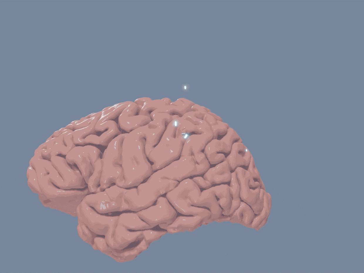 An animated gif showing a brain with glowing lights and strips of text