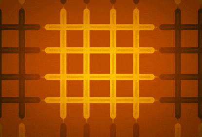 An animated rendering of crosshatched yellow lines on an orange background, as the vertical yellow lines slowly disappear 