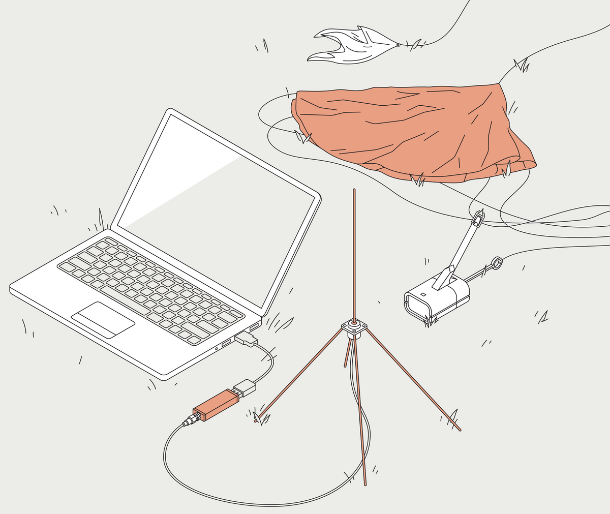 An antenna with four downward pointing radials sits on the ground, connected to a dongle. The dongle is in turn connected to a laptop. A boxy radiosonde sits nearby, attached to the remains of a parachute.
