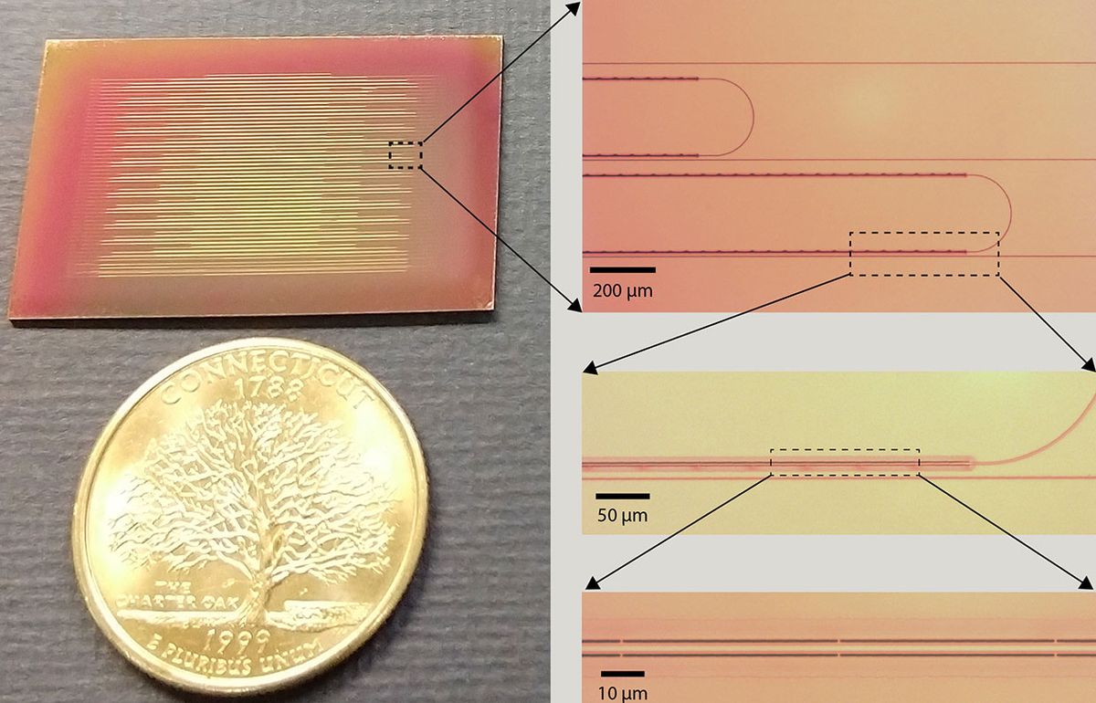 An array of silicon Brillouin laser devices is shown with magnified micrographs exhibiting tiny silicon waveguide structures that confine light and sound waves.