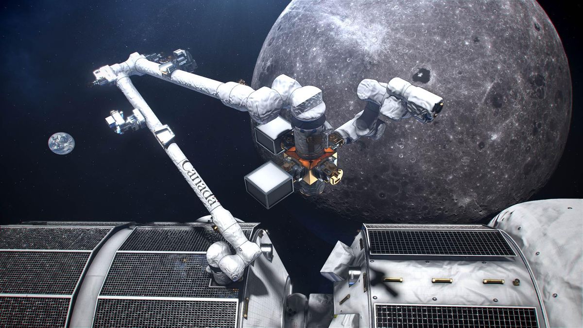 An artist's concept of a large robotic arm on the exterior of a space station orbiting the moon