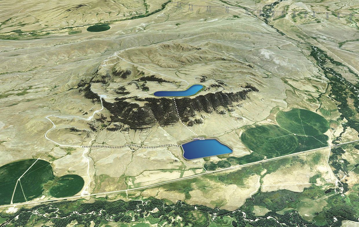 An artist's rendering of the Gordon Butte pumped hydro facility shows the upper and lower reservoirs and nearby Colstrip transmission line.