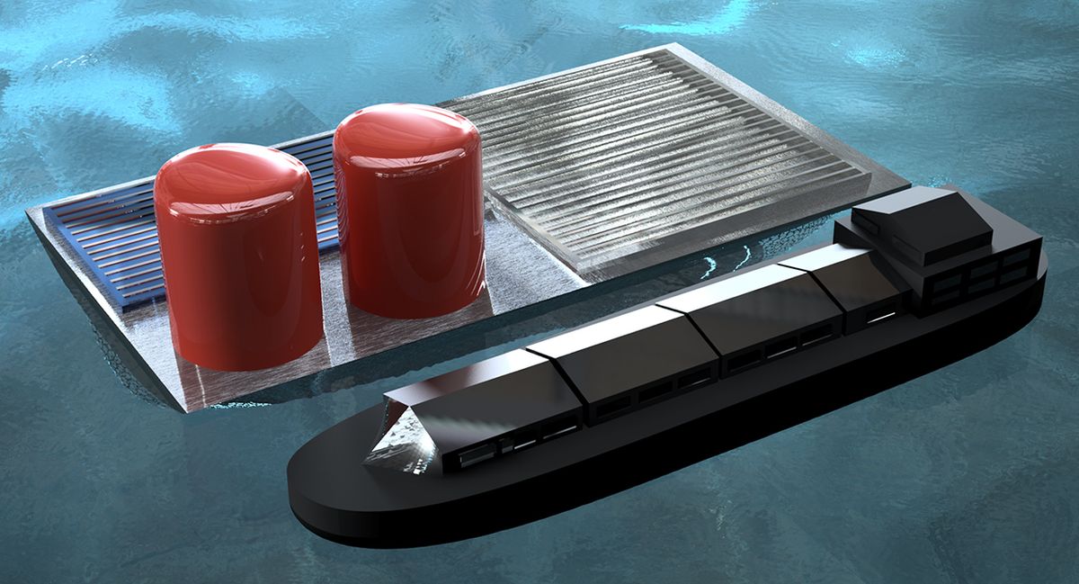 An artist's rendering shows a hypothetical large-scale 'solar fuels rig' operating on the open sea. It would use sunlight to split seawater into H2, which is temporarily stored on the rig before being piped or shipped back to shore.