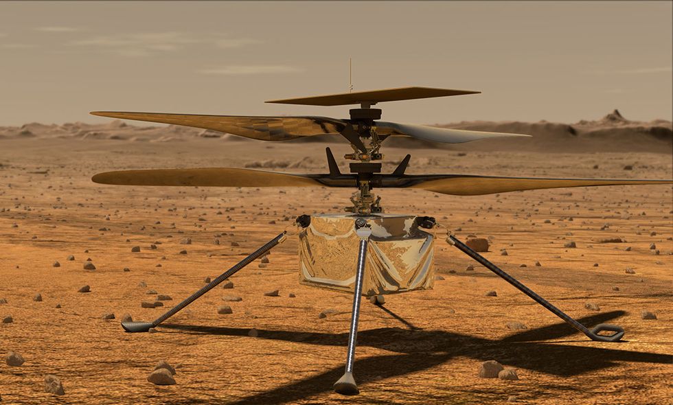 An artist\u2019s conception of Ingenuity on Mars shows its twin rotors beneath its solar cell.