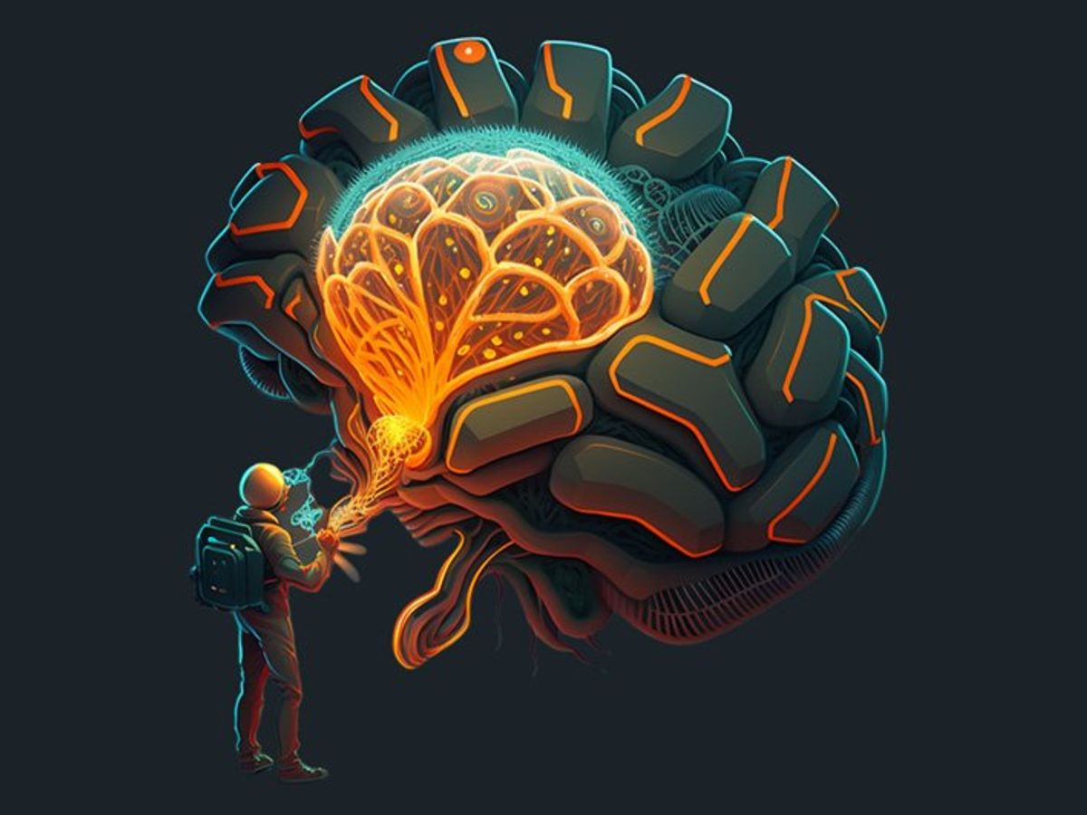 An artistic rendering of a person standing in front of a large human brain. Orange light is being emitted from the person's hand and targeting a section of the brain.