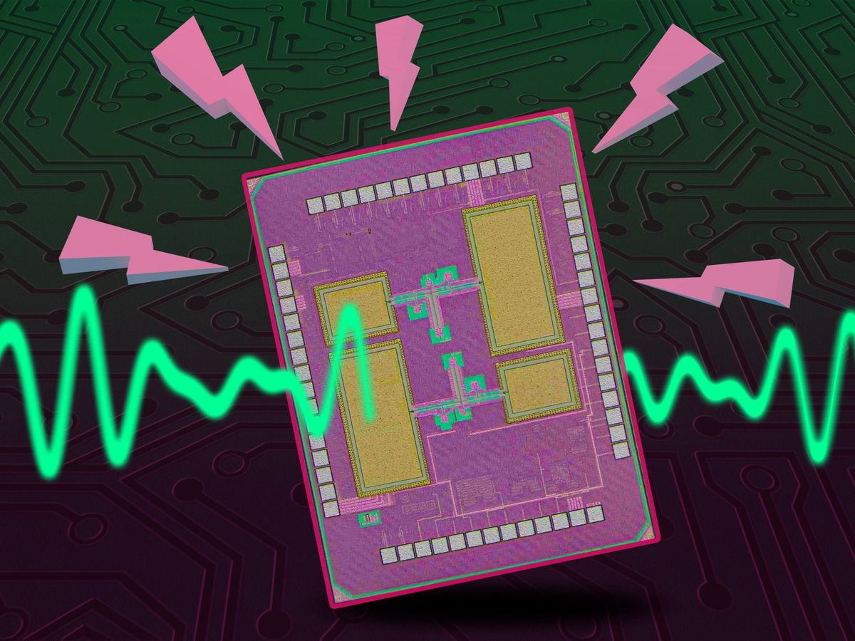 an artistic representation of a purple and yellow semiconductor chip with green wavy lines and pink lightning bolts emerging from it