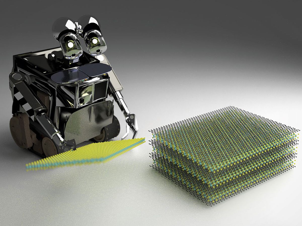 An artist’s impression of a robot, powered by artificial intelligence, in the process of fabricating a van der Waals heterostructure