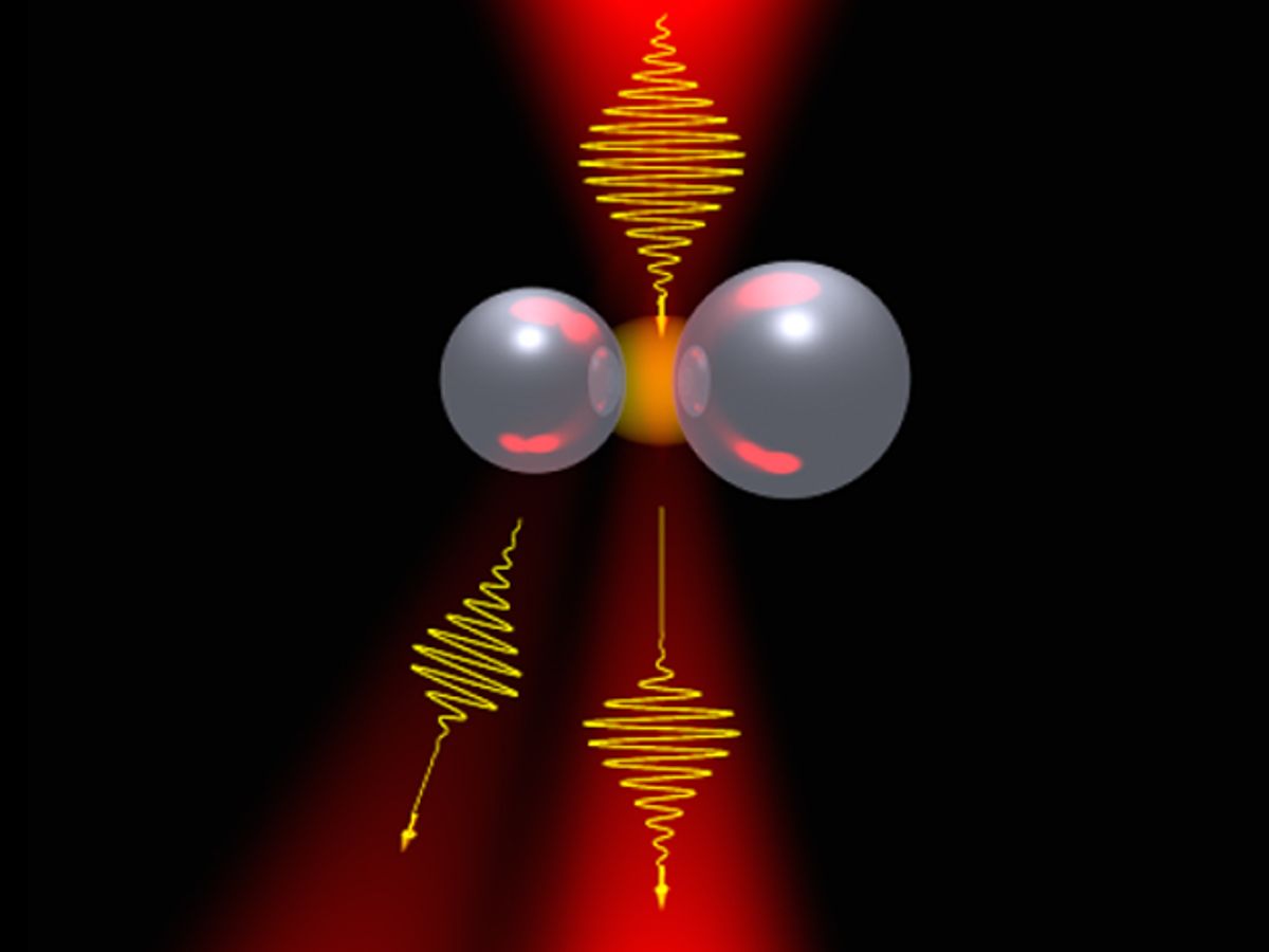 An artist’s rendering of nonlinear light scattering by a dimer of two silicon particles with a variable radiation pattern.