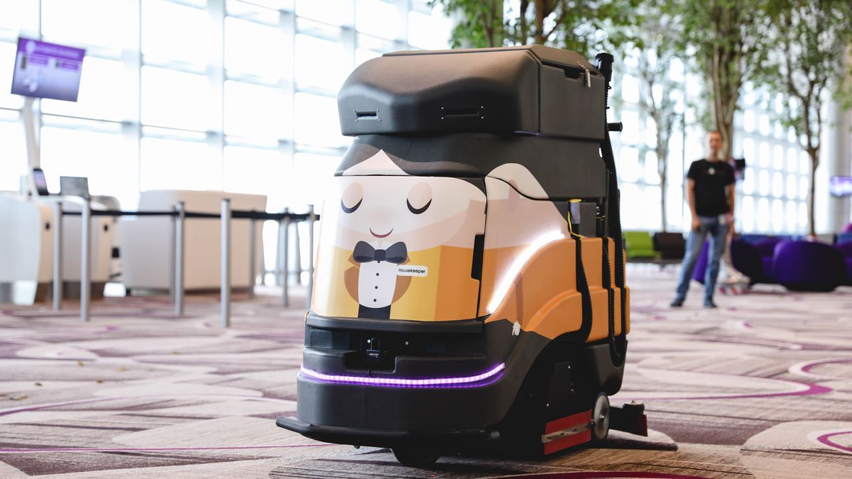 An autonomous floor-cleaning robot by Avidbots at Changi Airport in Singapore.