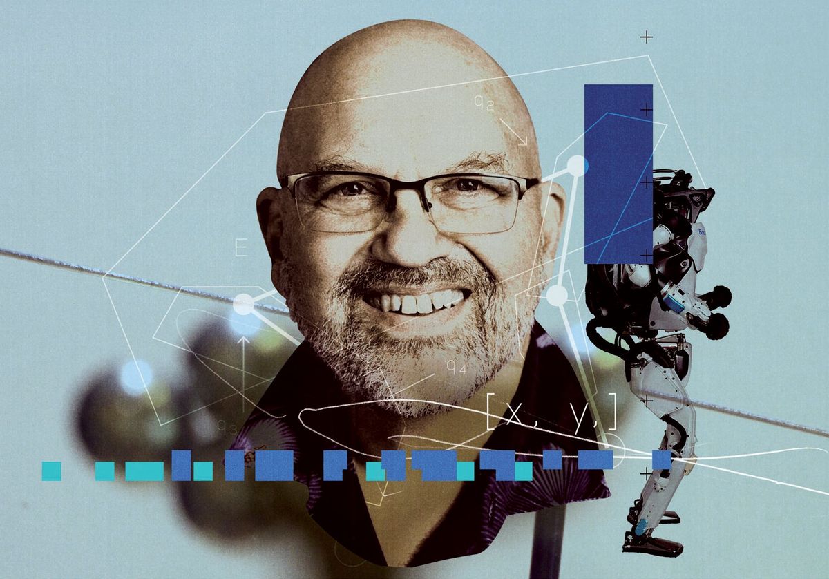 An collage including a bearded, bald smiling man with glasses and a bipedal white robot