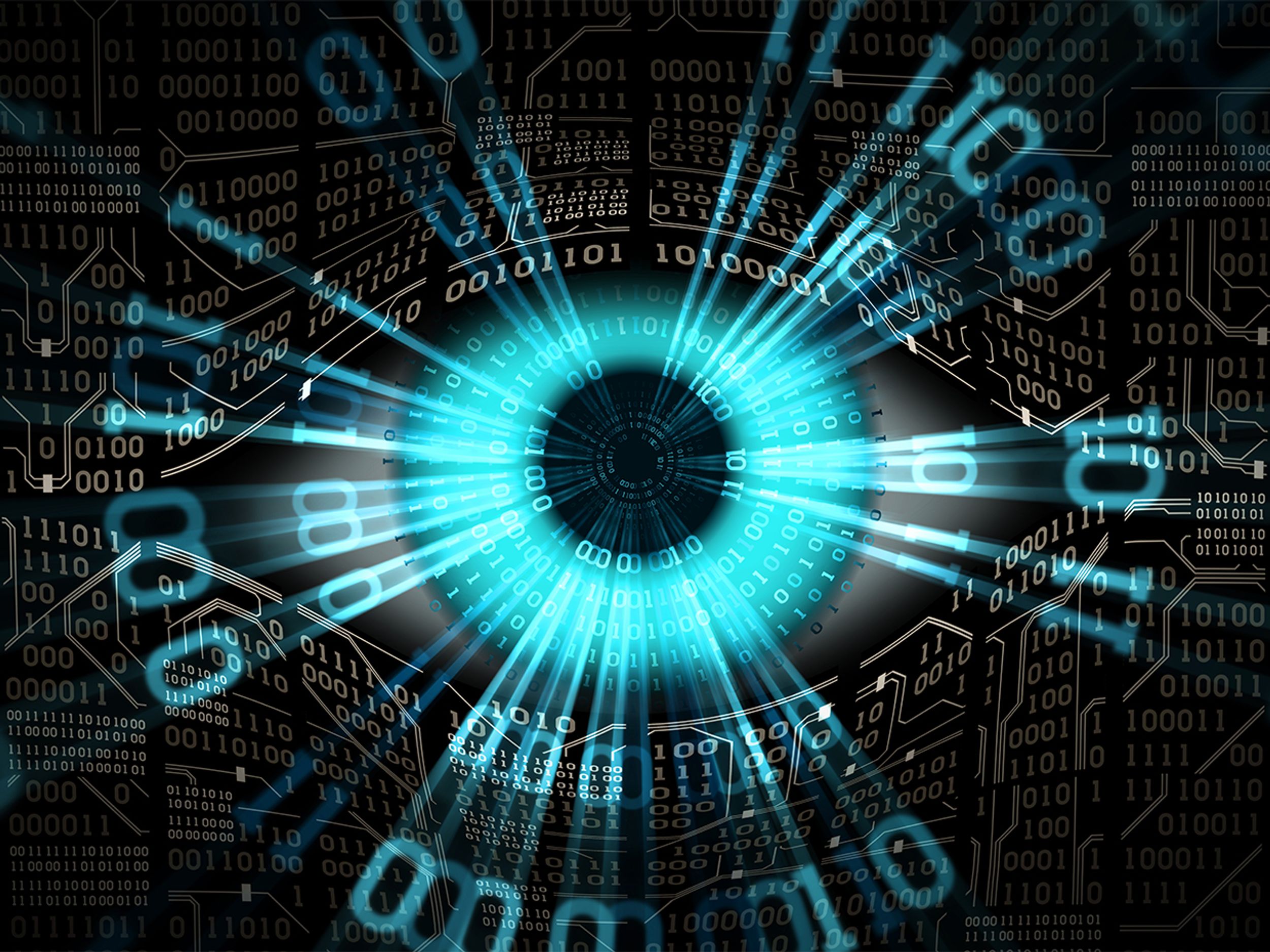 An electronic eye surrounded by binary code.