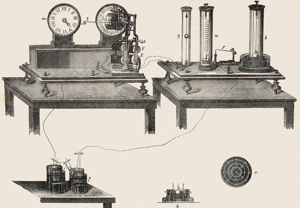An etching of tabletop equipment with dials and vertical cylinders connected by wires.