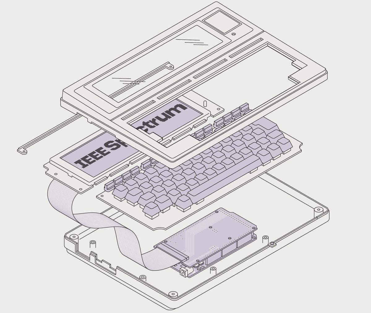 An exploded diagram of a Tandy M100 notebook computer featuring a top assembly, a wide but short LCD screen, a keyboard with mechanical keys and a bottom assembly. An Arduino Mega microcontroller sits on the bottom assembly.