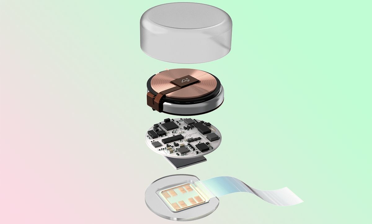 An exploded view of the Neuralink device, showing a layer that attaches to a flexible ribbon, a layer with microchips, and a layer with a copper coil