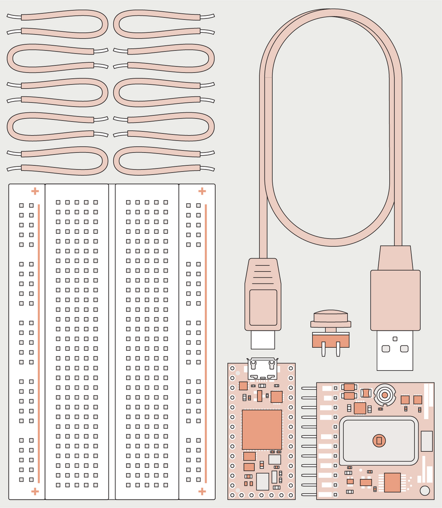 An illustrated array of components, including wires and two circuit boards.