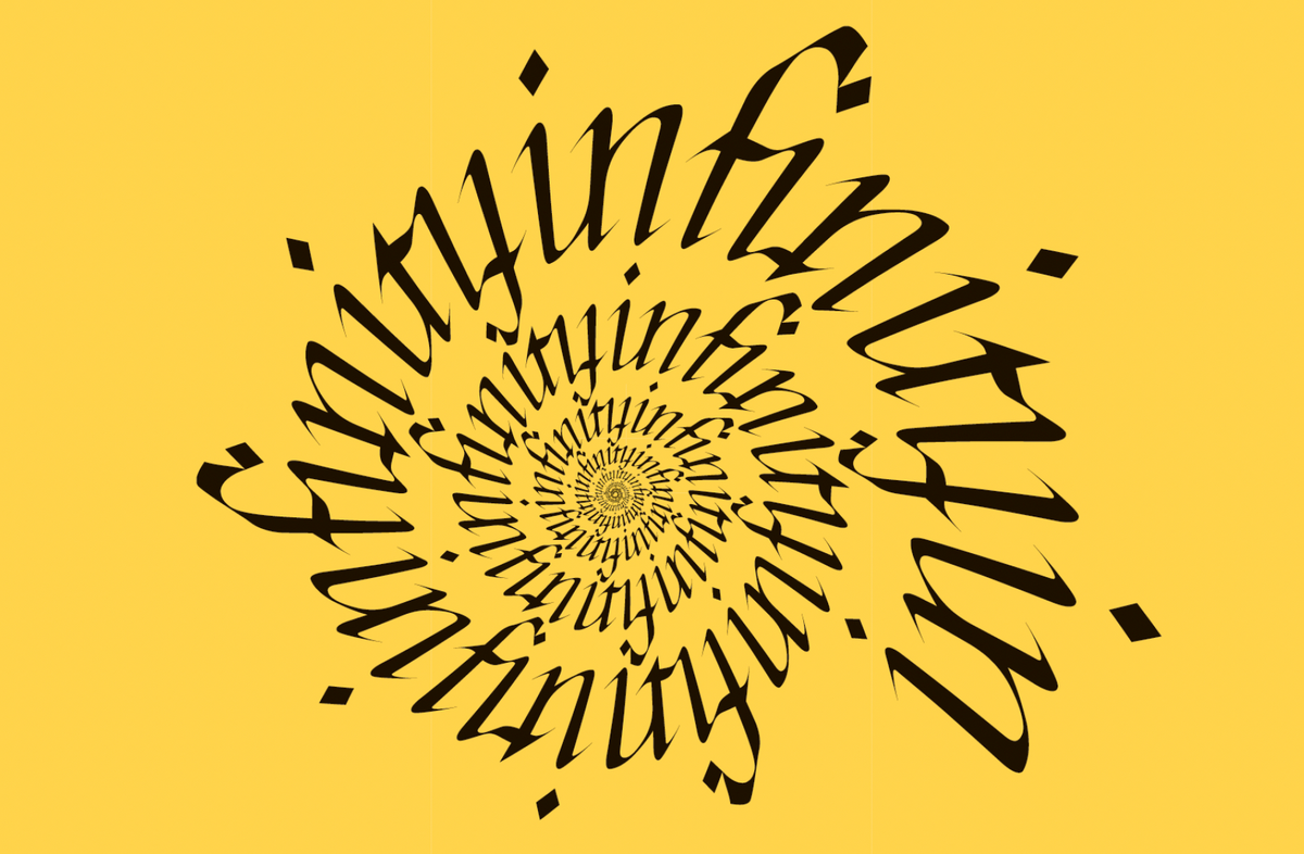 An illustration consisting of a spiral of calligraphy-style lettering that repeatedly spells the word “infinity”. 