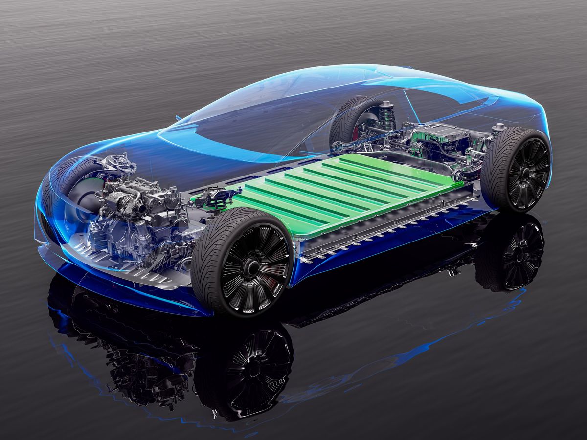 An illustration of a battery pack in an electric vehicle inside a transparent car