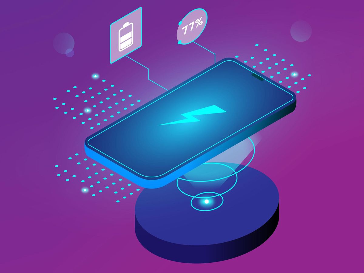an illustration of a blue wireless cell phone above a wireless charger on a purple background