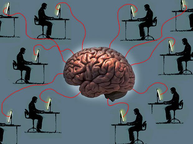 An illustration of a brain linked to multiple computer screens on desktops where people sit is evocative of a MOOC.