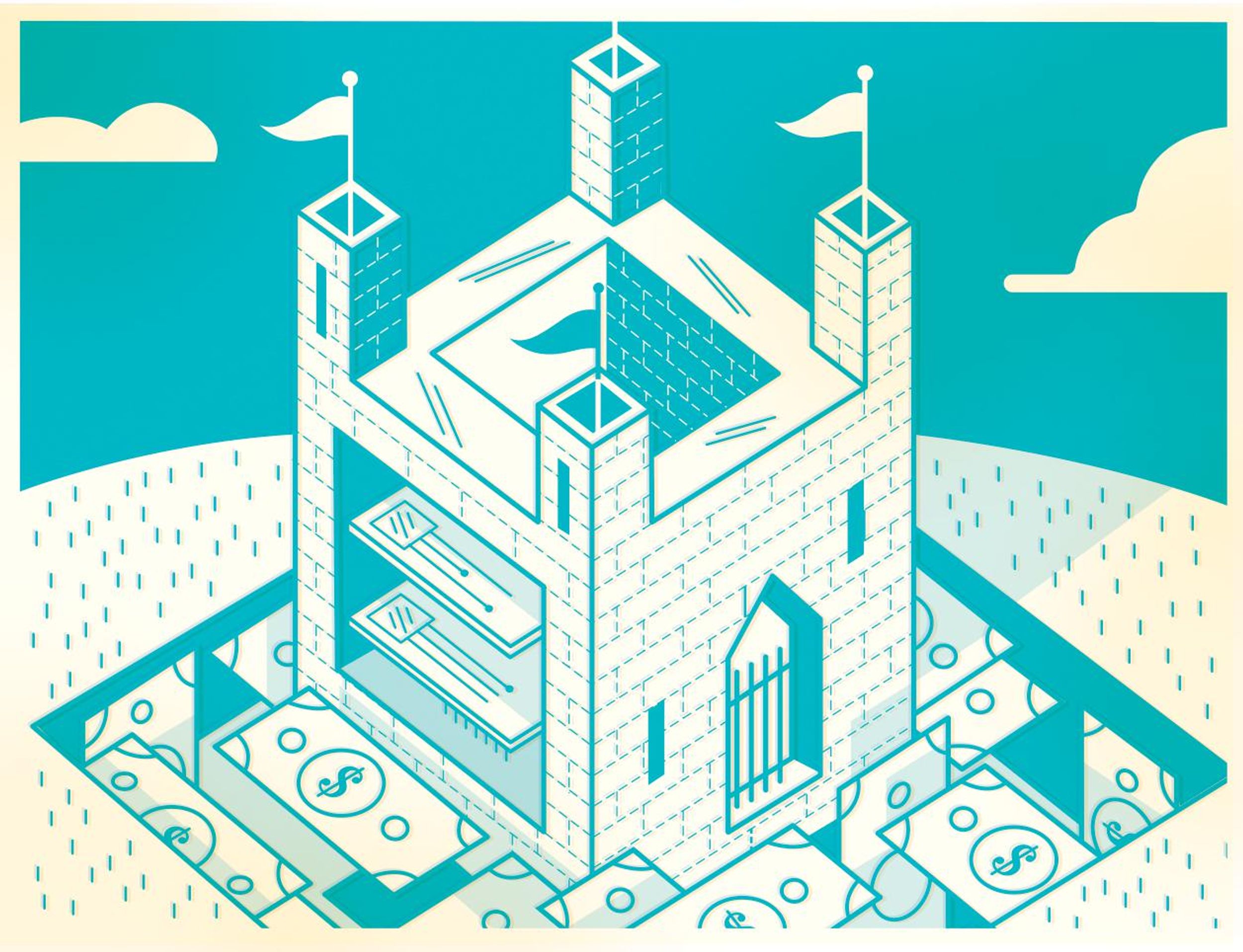 An illustration of a castle with circuit boards inside and surrounded a moat of money.