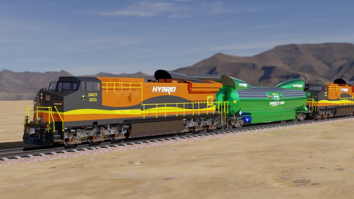 An illustration of a ​CO2Rail Car between two locomotives with zero-carbon, regenerative braking powered Direct Air Carbon Capture and air intakes that extend up into the slipstream of the moving train.