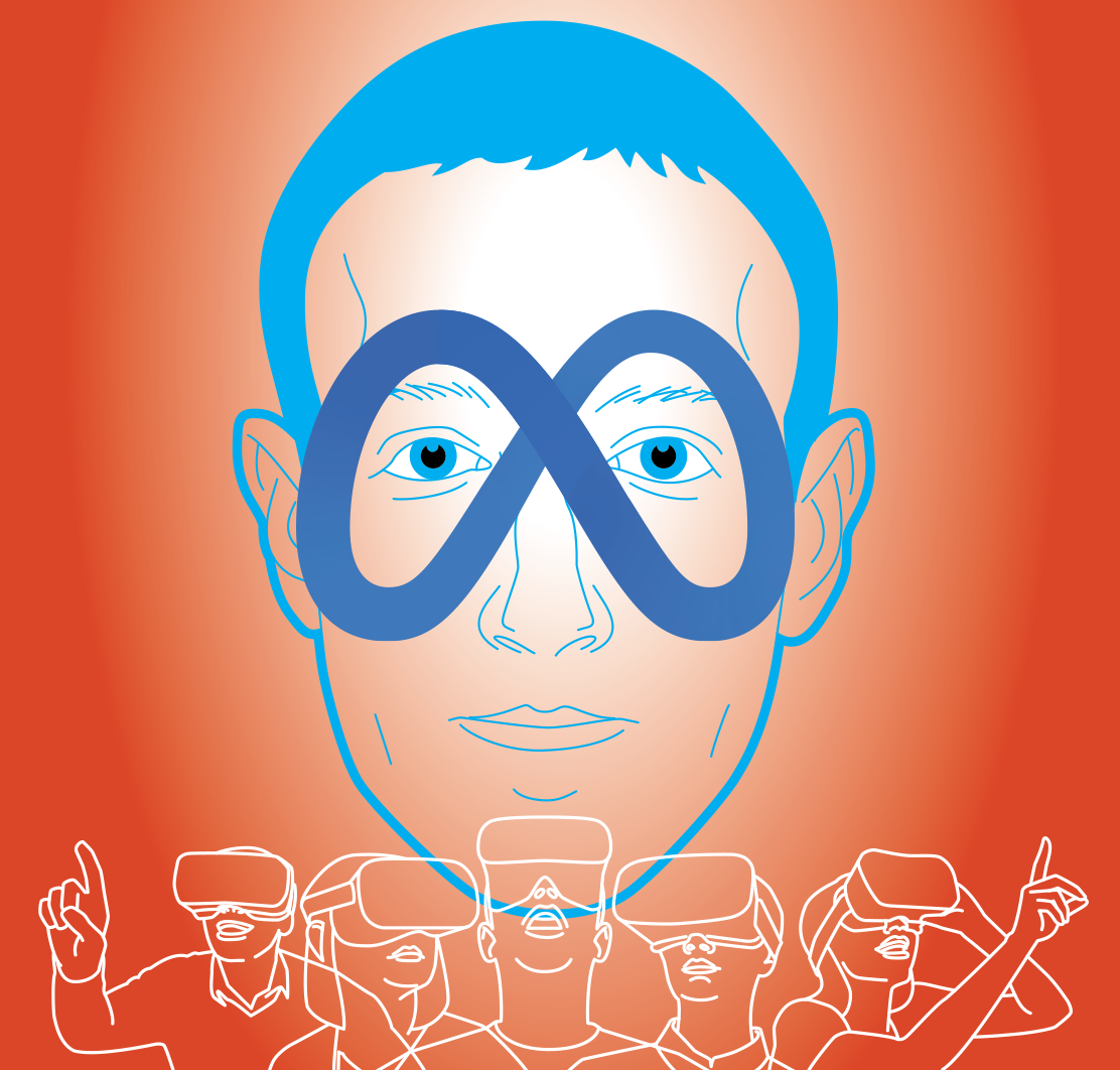 An illustration of a face with an infinity symbol covering the face and people in VR goggles looking up and pointing. 