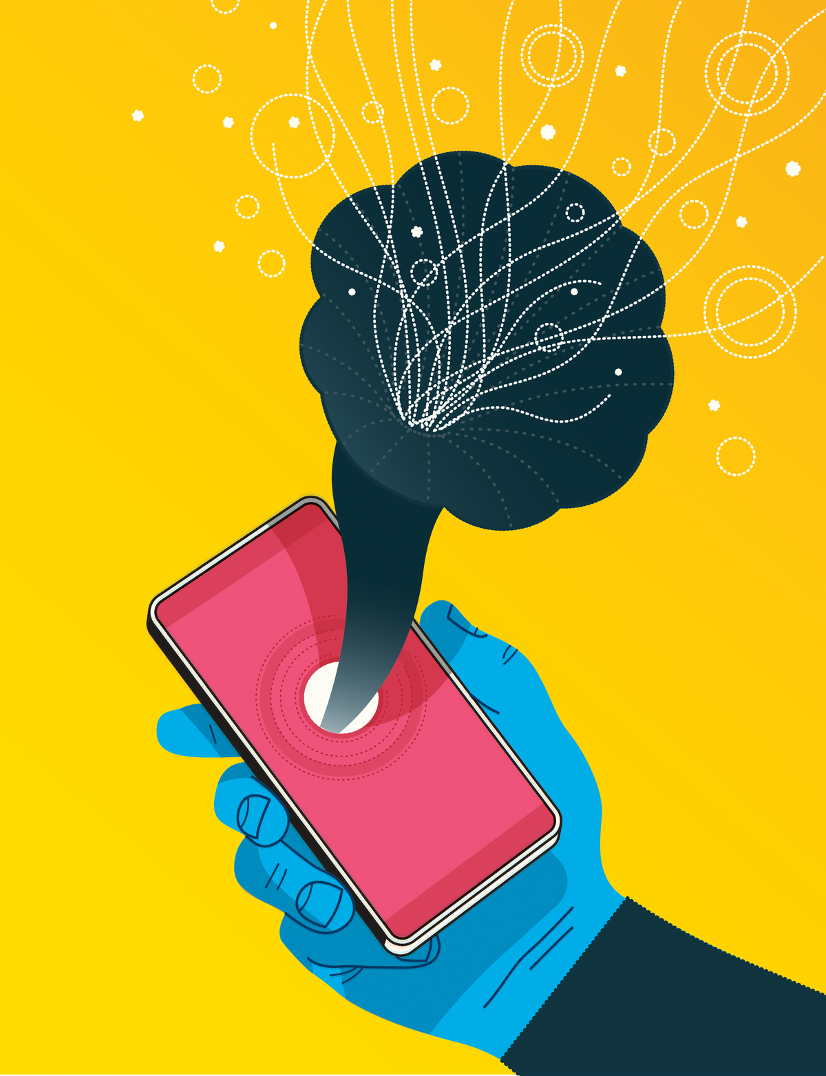 An illustration of a hand holding a smart phone with a old style speaker coming out of the screen.  