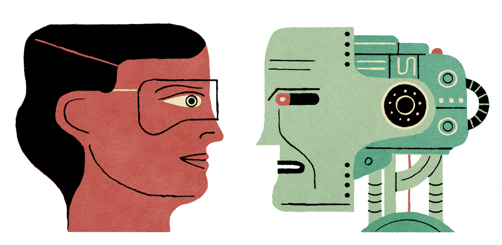 An illustration of a human and a robot looking at each other, face to face.